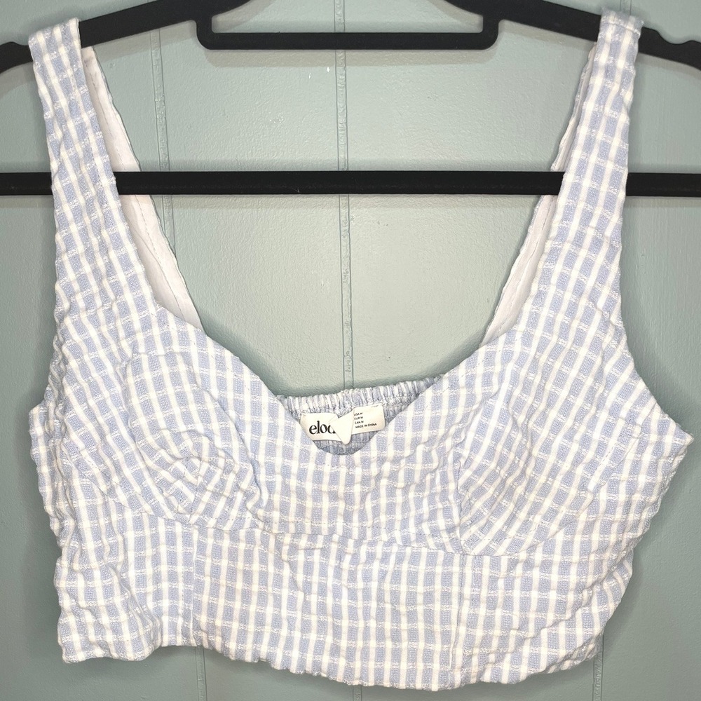 elodie‎ Blue White Gingham Smocked Crop Top Bustier Style Size Medium